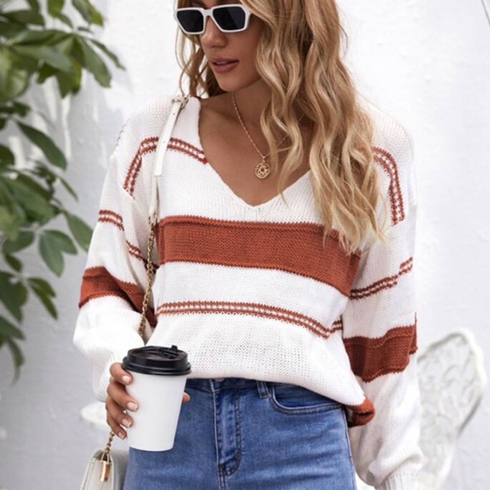 SHEIN Rust and White Striped Ballon Sleeve Sweater